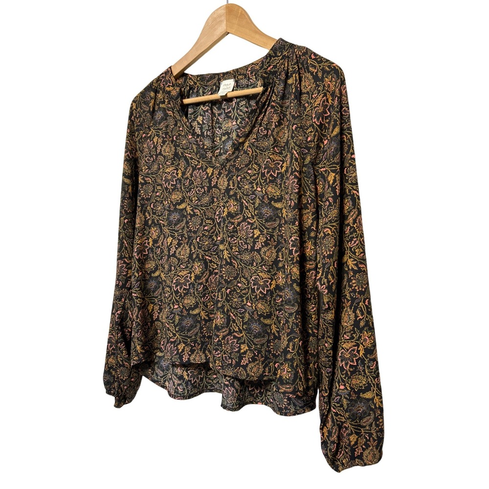 Evereve‎ Roan + Ryan Black Floral Print Long Sleeve Peasant Blouse Size XS EUC